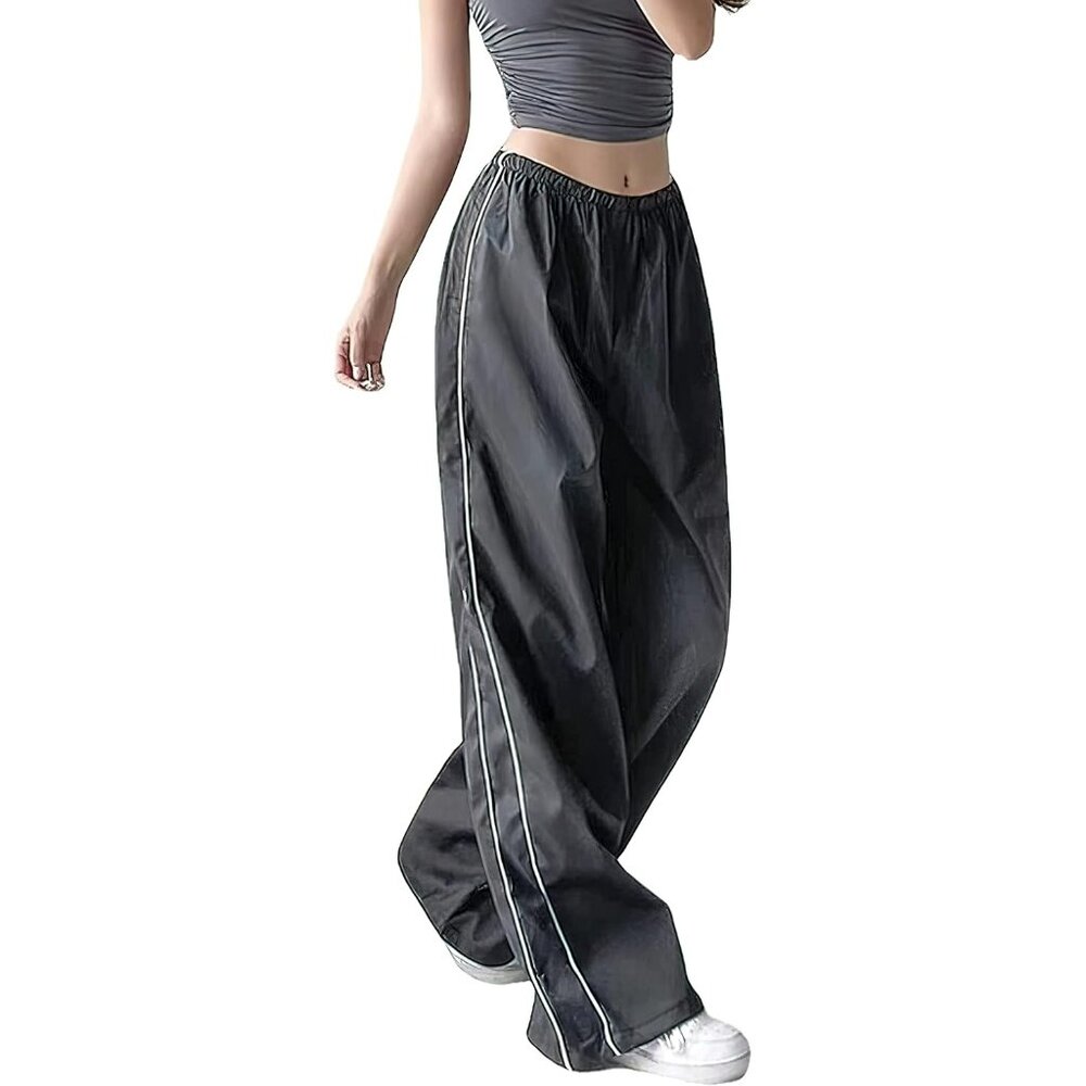 Womens Baggy Y2K Parachute Dark Gray Pants High Waisted Lightweight Streetwear
